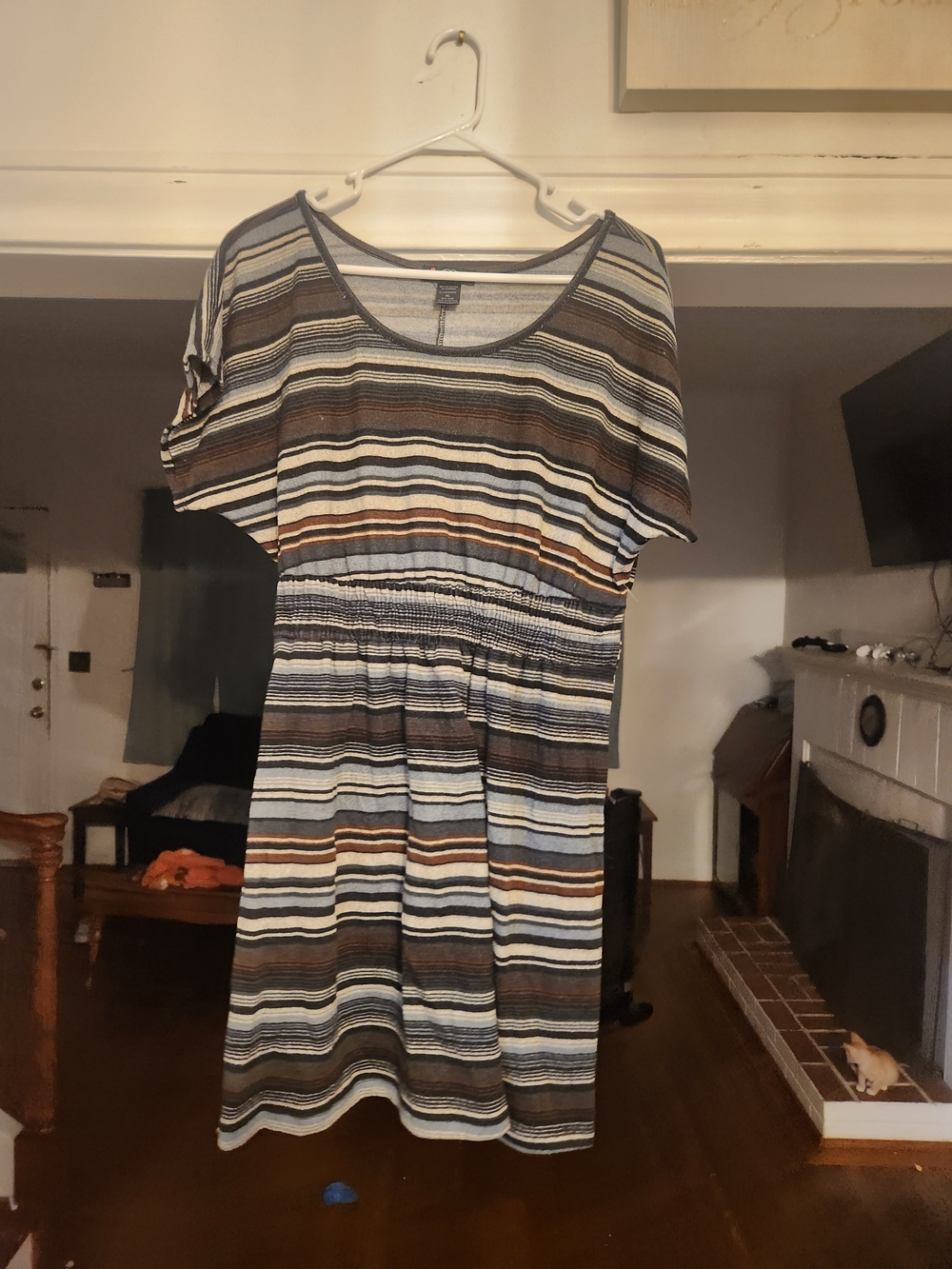 Delirious Striped Short-Sleeve Cinch-Waist Mini Dress - Brown, Light Blue, Cream